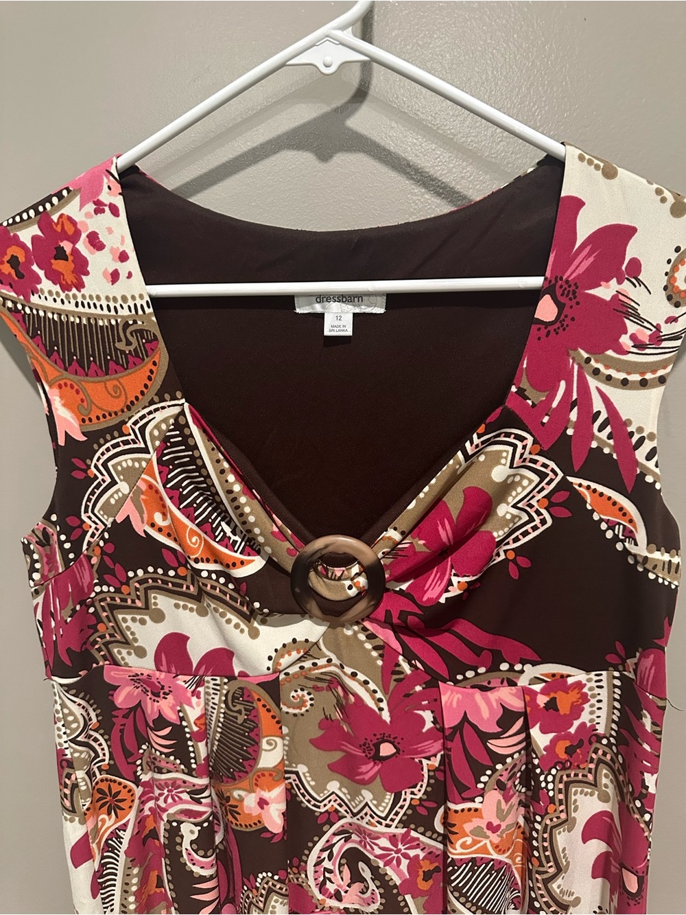 dressbarn Sleeveless V-Neck Floral Paisley Dress in Brown, Pink & Cream - Picture 2 of 5